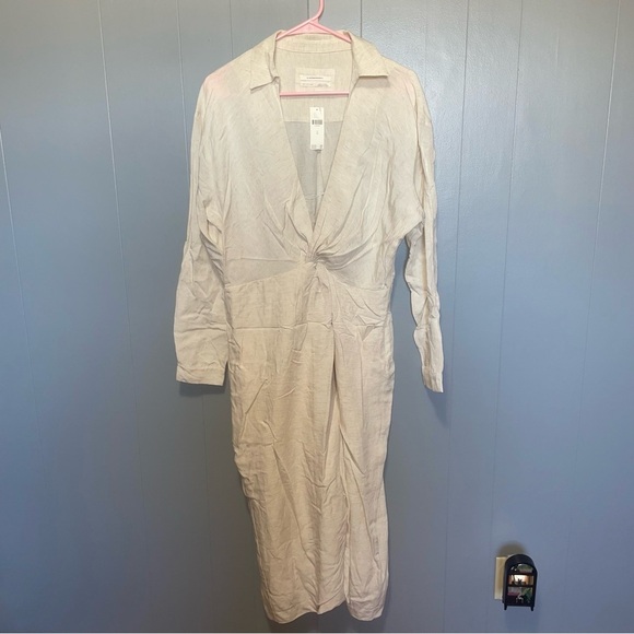 By Anthropologie NWT V-Neck Knot Front Linen Blend Ivory Midi Dress Size 10 - Picture 4 of 10